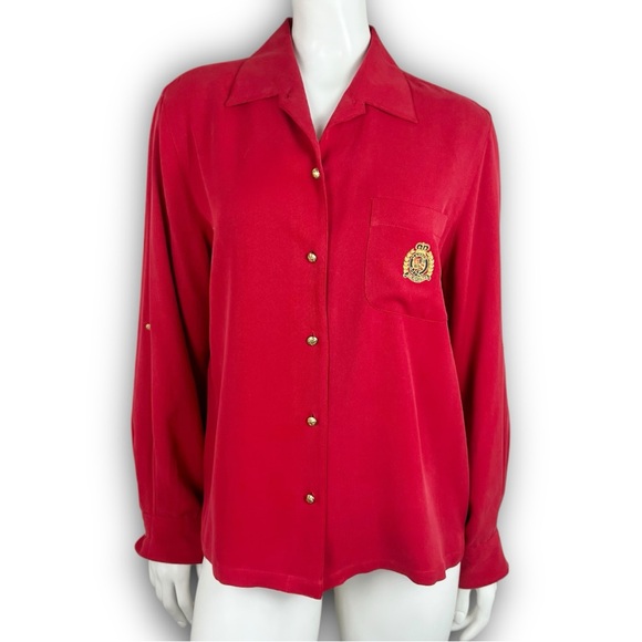 NWOT LAUREN RALPH LAUREN Vtg Embroidered Crest Roll Tab Silk Button Up Shirt Red - Picture 3 of 14